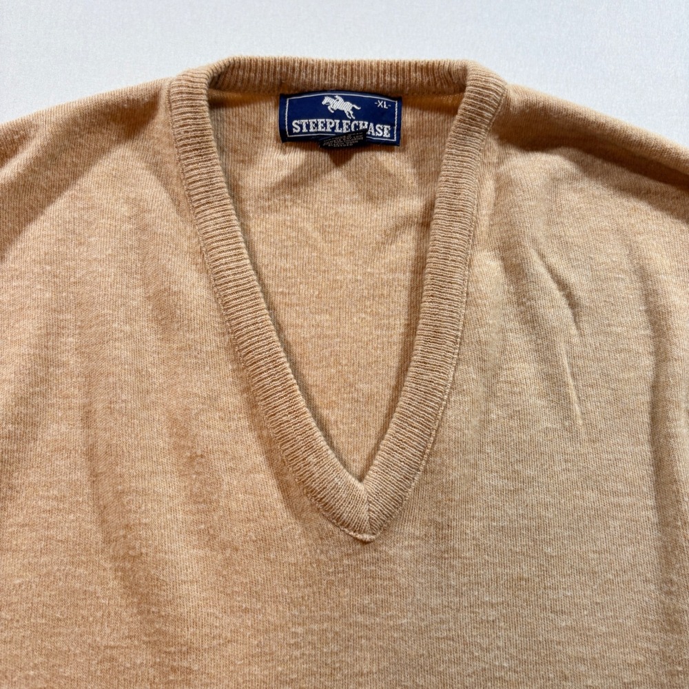 Steeplechase V-Neck Sweater Mens XL Tan Vintage Orlon Acrylic Knit Pullover USA